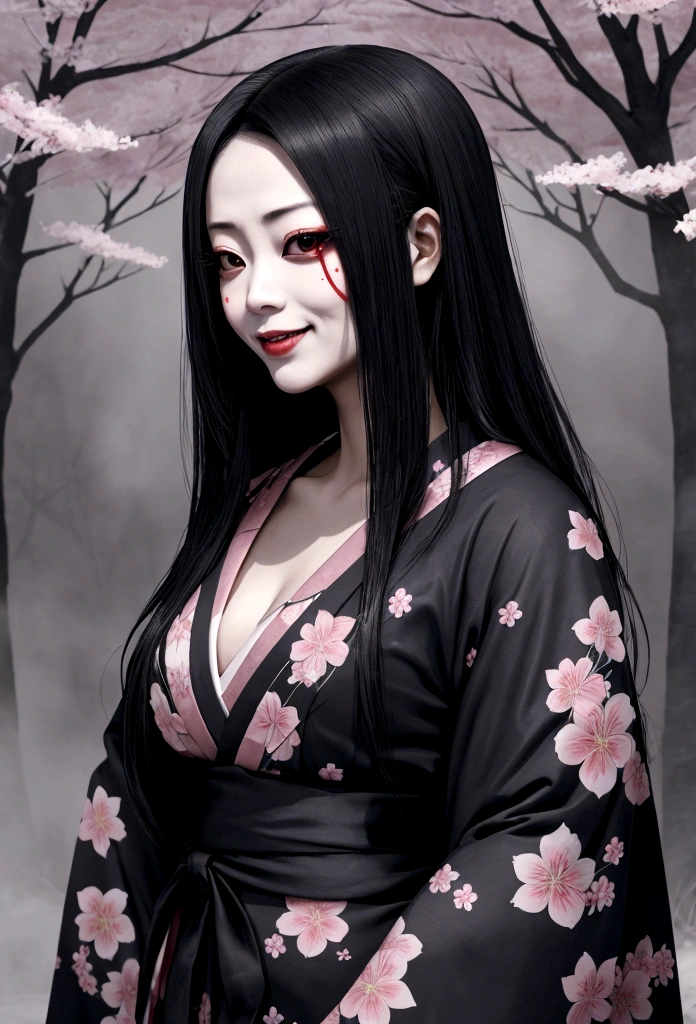 Crie uma imagem realista da Kuchisake-onna, a mulher fantasma da mitologia japonesa. A Kuchisake-onna deve ser retratada como uma mulher com longos cabelos negros, lisos e desordenados, cobrindo parcialmente seu rosto. Your face must be pale and ghoulish, com um corte profundo de orelha a orelha, revelando um sorriso grotesco e assustador. Ela deve vestir um kimono branco, manchado de sangue e desgastado, that flutters around her in a ghostly way. The surrounding scenery must be a deserted and foggy street at night, com lanternas de papel tradicionais japonesas iluminando fracamente o ambiente. Cherry blossom trees with petals falling in the wind must add an ominous contrast to the Kuchisake-onna's terrifying figure..