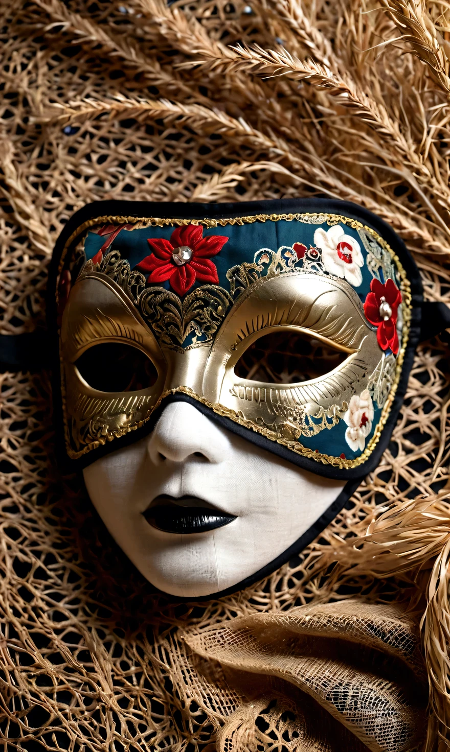 Cotton eye mask, vintage old detailed patchwork fabric cotton eye patch, intricate textiles, intricate artwork, eye mask, masquerade mask, vintage, Russian style, background: very old books, dead grass, holiday lights,in style of Halftone print