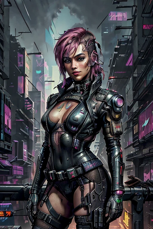 ((ultra realistic illustration:1.2)),(cyberpunk:1.4),(dark sci-fi:1.3). Sexy mech pilot, with short pink hair, wearing leather lingersuit, fishnets, jacket, thigh high boots. Rebellious. Dystopic megacity, gritty, neon, hell, Armored Core, Battletech. Front Mission. Masterpiece, (highly detailed:1.2),(detailed face and eyes:1.2), 8k wallpaper, natural lighting. core shadows, high contrast, bokeh.