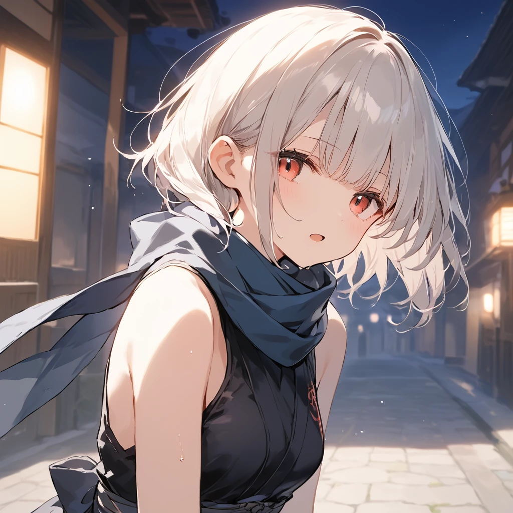 score_9, score_8_up, score_7_up, source_anime, best quality, masterpiece,ultra-detailed,official art, absurdres, highres, waifu2x, break,1girl, ninja, short hair, blunt bangs, small breasts,beautiful detailed eyes, expressionless, sleeveless, scarf, sweat, training, open mouth, (yawn:0.3), sleepily, night, outdoors, break,(clear line illustration:1.2),very high resolution, very aesthetic, super detailed skin, Best cinematic lighting powered by famous artist, 8k,cute picture,beauty illustration,photoshop_(medium),,(Detailed Lighting),best anime 8k konachan wallpaper, pixiv contest winner,