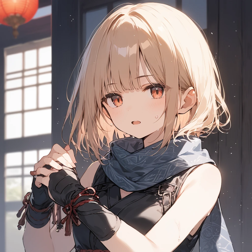 score_9, score_8_up, score_7_up, source_anime, best quality, masterpiece,ultra-detailed,official art, absurdres, highres, waifu2x, break,1girl, ninja, short hair, blunt bangs, small breasts,beautiful detailed eyes, expressionless, sleeveless, scarf, sweat, training, open mouth, (yawn:0.3), sleepily, night, outdoors, break,(clear line illustration:1.2),very high resolution, very aesthetic, super detailed skin, Best cinematic lighting powered by famous artist, 8k,cute picture,beauty illustration,photoshop_(medium),,(Detailed Lighting),best anime 8k konachan wallpaper, pixiv contest winner,