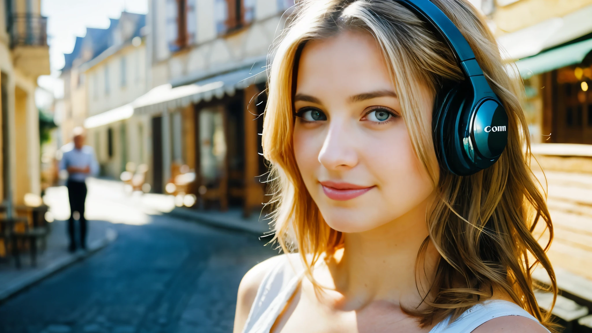 Beautiful blonde with big breasts in a black dress (Beautiful morning sun in a French town),Wearing headphones,Very detailed, 21 years old, Innocent face, Naturally Wavy Hair, blue eyes, High resolution, masterpiece, Highest quality, Intricate details, Very detailed, Clear focus, Delicate skin, practical skin texture, texture, Delicate eyes, Professional, 4K, Cute Smile, Shot with Canon, 85mm, Shallow and deep,  Kodak Vision Color, Exactly, Very detailed, photograph_\(Extremist\), photographpractical, practical, Post-processing, Maximum details, Roughness, Real Life, Extremist practical, Photorealism, photographgraphy, 8K Ultra HD, photographgraphy