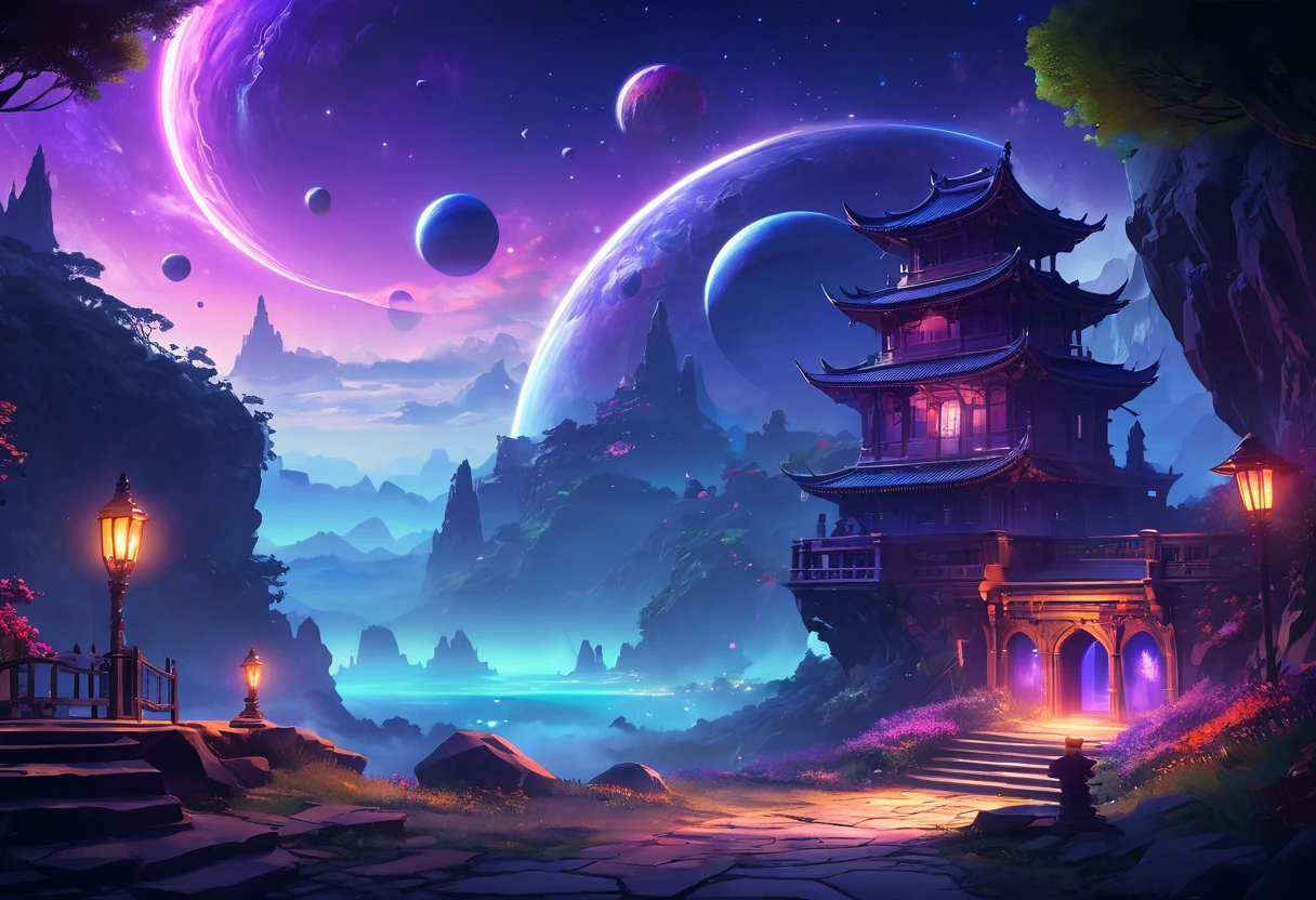 digital painting, Game Location, location from the game, dungeon from the game, локация space, Game Location, space location, location in blue and purple tones, Game Location, cute style, Large location, fog in the foreground with glow effects, colorful, No characters, no characters, location only, cute style, anime style, space, Space, planets in the background