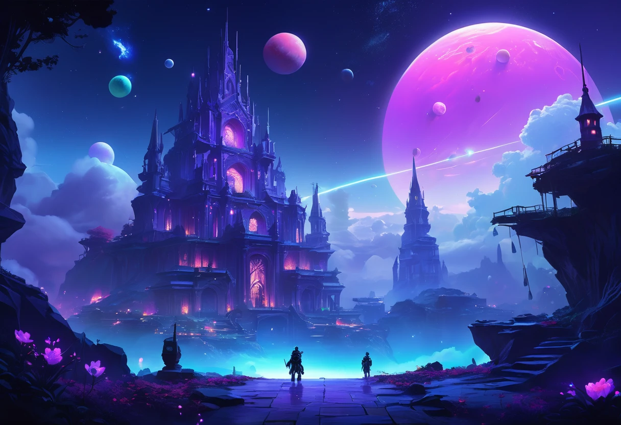 digital painting, Game Location, location from the game, dungeon from the game, локация space, Game Location, space location, location in blue and purple tones, Game Location, cute style, Large location, fog in the foreground with glow effects, colorful, No characters, no characters, location only, cute style, anime style, space, Space, planets in the background