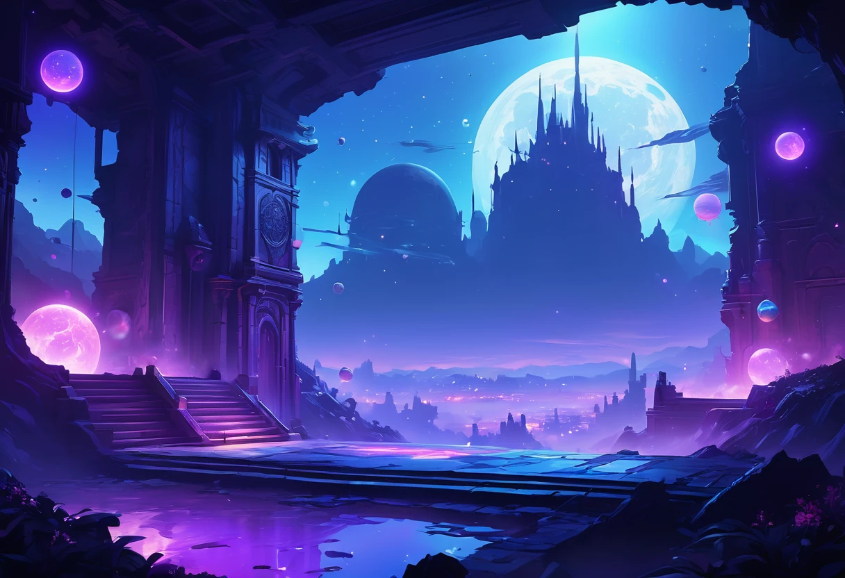 digital painting, Game Location, location from the game, dungeon from the game, локация space, Game Location, space location, location in blue and purple tones, Game Location, cute style, Large location, fog in the foreground with glow effects, colorful, No characters, no characters, location only, cute style, anime style, space, Space, planets in the background
