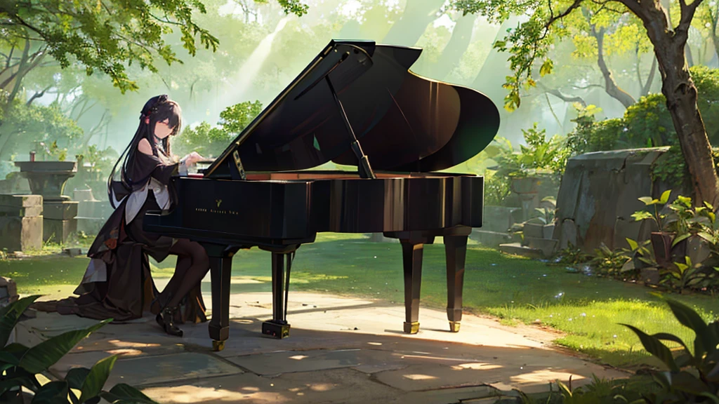 A grand piano placed in a forest of green autumn leaves with sunlight filtering through the trees、The soft sunlight filtering through the trees makes it sparkle.、One grand piano、There is no one、新海誠風のAn illustrationタッチで、粗いanime風に、anime、An illustration、Green fallen leaves、Black Grand Piano、The only grand piano