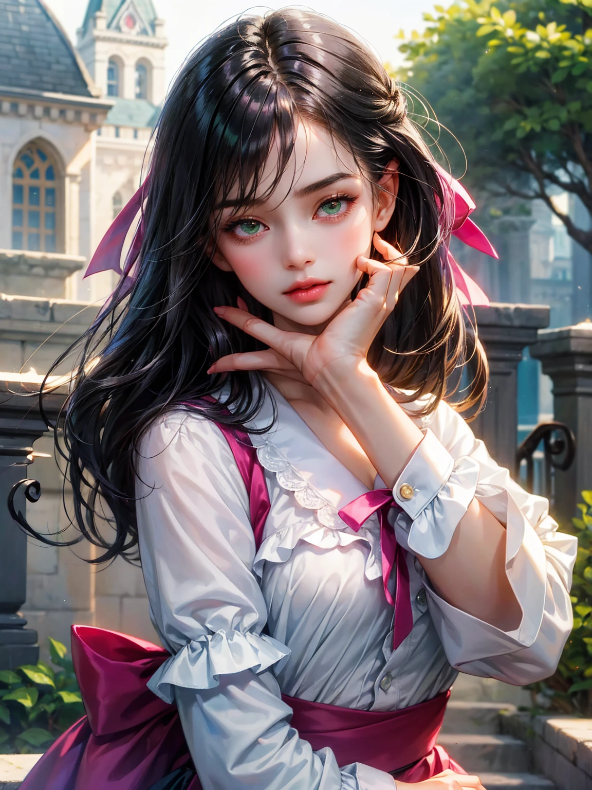 A girl, medium black hair with fringe, small breast, green eyes. She wears a white shirt with a fuchsia ribbon, a fuchsia jacket, grey short skirt. Beautiful girl, detailed eyes, detailed face, detailed hands. She looks at the viewer. Background a castle