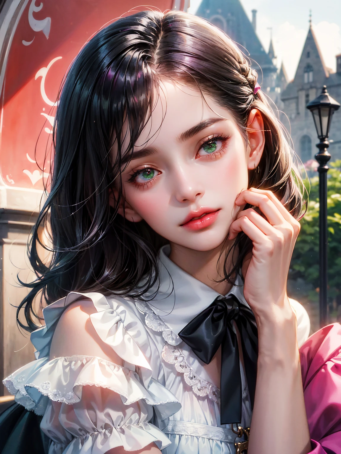 A girl, medium black hair with fringe, small breast, green eyes. She wears a white shirt with a fuchsia ribbon, a fuchsia jacket, grey short skirt. Beautiful girl, detailed eyes, detailed face, detailed hands. She looks at the viewer. Background a castle