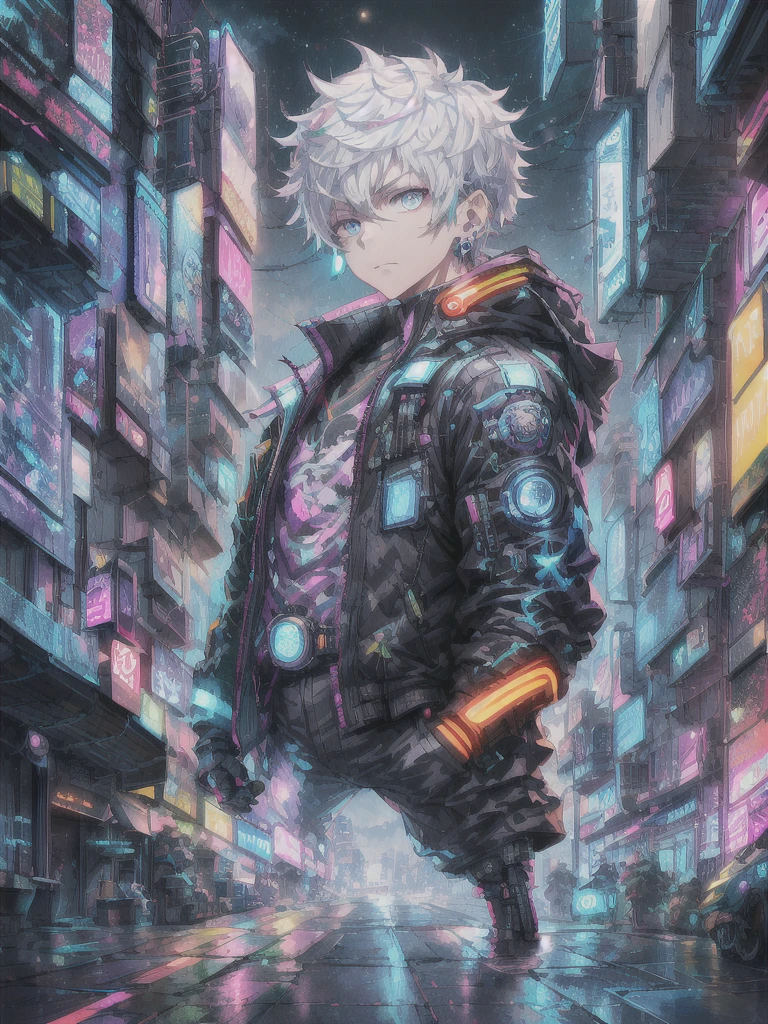 1 boy, solo, colorful, short hair, blue eyes, cyberpunk, cityscape, moon background, peace sign, earrings, white hair, neon sign, character focus, CG illustration, bust shot, white color jacket, 8k resolution, very detailed, anatomically correct, digital painting, concept art, clear picture,