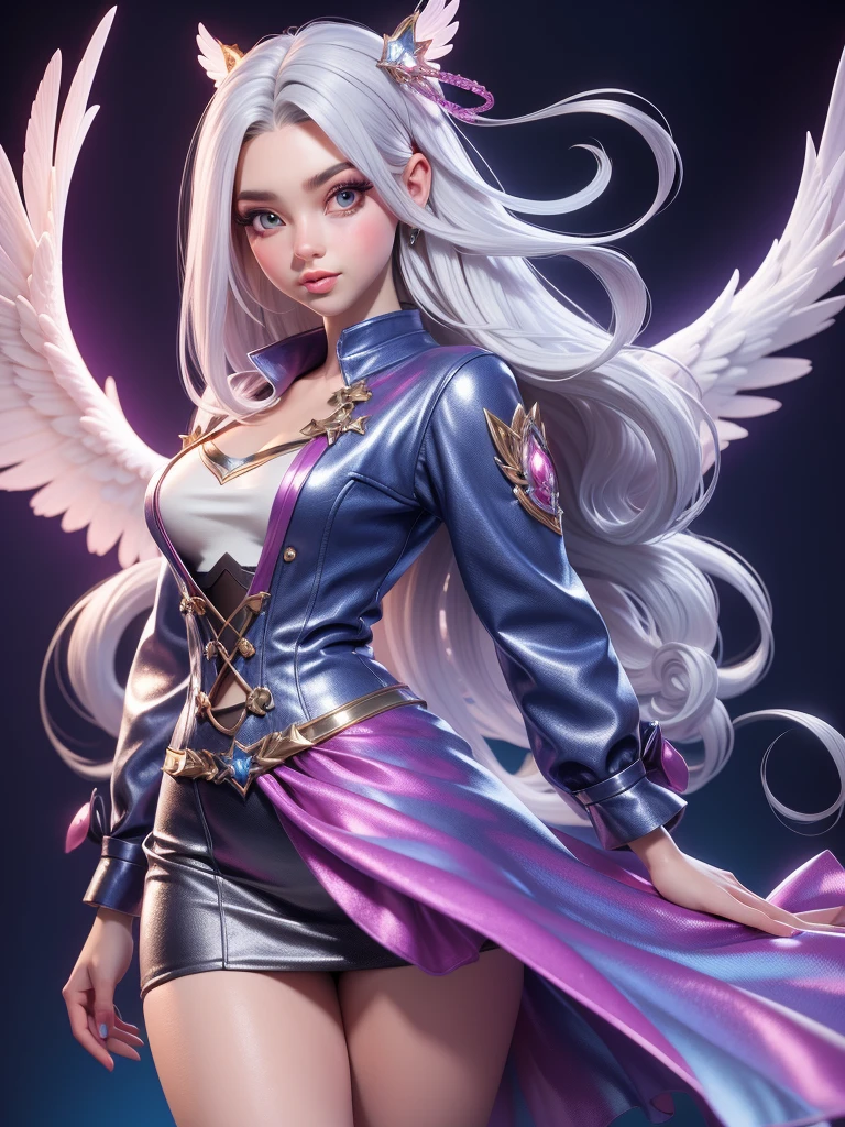 "Realistic young female angel, around 20 years old, with a large, detailed face, wearing cute clothing, with silver hair and colorful highlights,