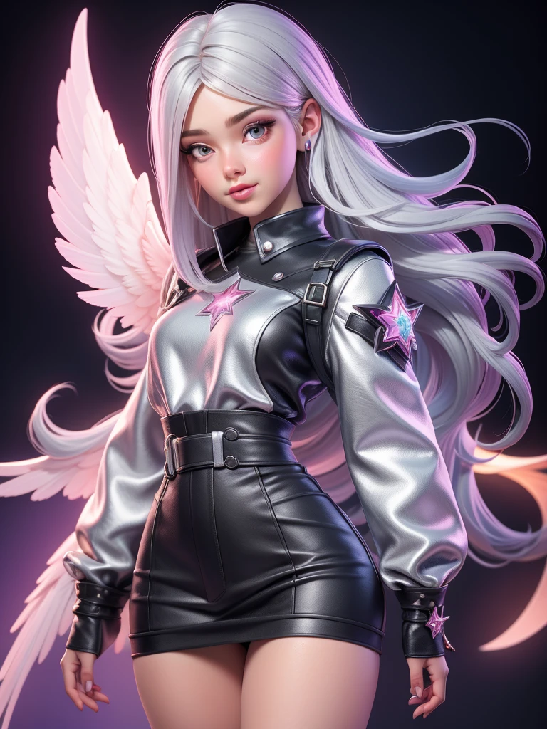 "Realistic young female angel, around 20 years old, with a large, detailed face, wearing cute clothing, with silver hair and colorful highlights,