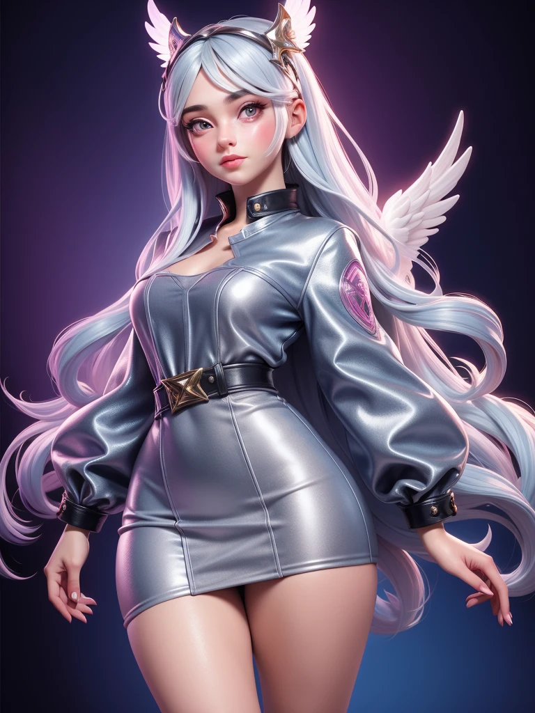 "Realistic young female angel, around 20 years old, with a large, detailed face, wearing cute clothing, with silver hair and colorful highlights,