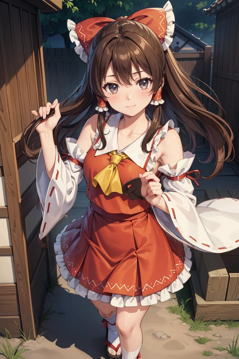 reimu hakurei, (Brown eyes:1.5), Brown Hair, bow, hair bow, Hair Tube, Long Hair, red bow, Side Lock,
Blake Ascot, Bare shoulders,Removable sleeves, embellished costume, Frills, kimono, Non-traditional Shrine Maiden, Red Skirt, Sandals, sarashi, mini skirt, socks, White sleeves, white socks, Wide sleeves,Bed、lie down、((I'm not wearing panties、Beautiful genitals))、(((Open your legs wide)))
BREAK Watch Viewers,blush、Surprise face、
Outdoor rest, shrine,Cowboy Shot,Smile Break (masterpiece:1.2), Highest quality, High resolution, unity 8k wallpaper, (figure:0.8), (Beautiful attention to detail), Highly detailed face, Perfect lighting, Highly detailed CG, (Perfect hands, Perfect Anatomy),Dynamic pose,