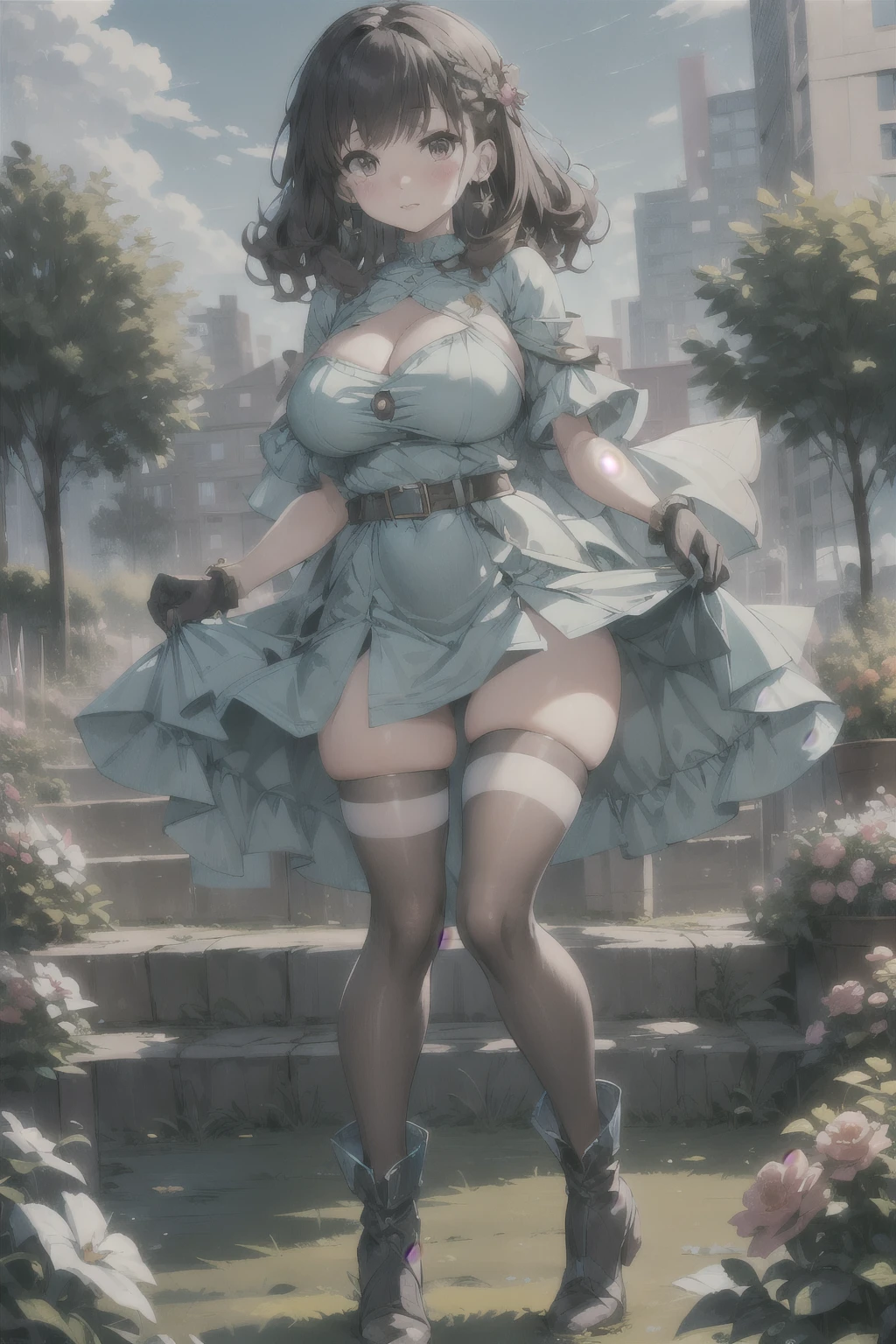 masterpiece,best quality,high resolution,Extremely detailed,Elena,have,Long hair,curls,Pink Eyes,earrings,cape,dress,Short sleeve,Gloves,belt,skirt,Black pantyhose,boots,Wind lift,blush,(Make it embarrassing:1.2),outdoor,garden,