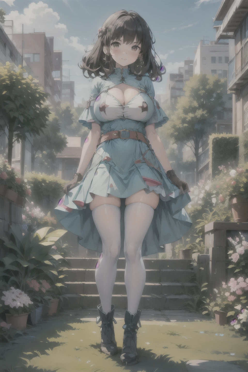 masterpiece,best quality,high resolution,Extremely detailed,Elena,have,Long hair,curls,Pink Eyes,earrings,cape,dress,Short sleeve,Gloves,belt,skirt,Black pantyhose,boots,Wind lift,blush,(Make it embarrassing:1.2),outdoor,garden,