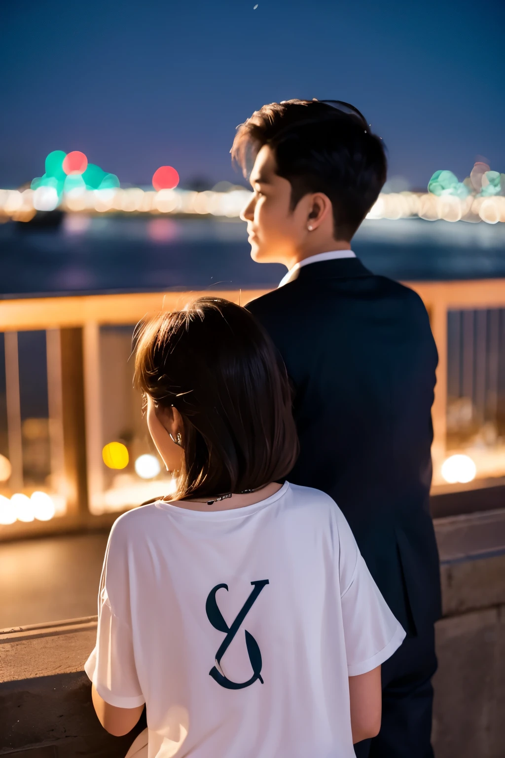 Couple from behind, boy R, girl R with initials on clothes, night view in the background