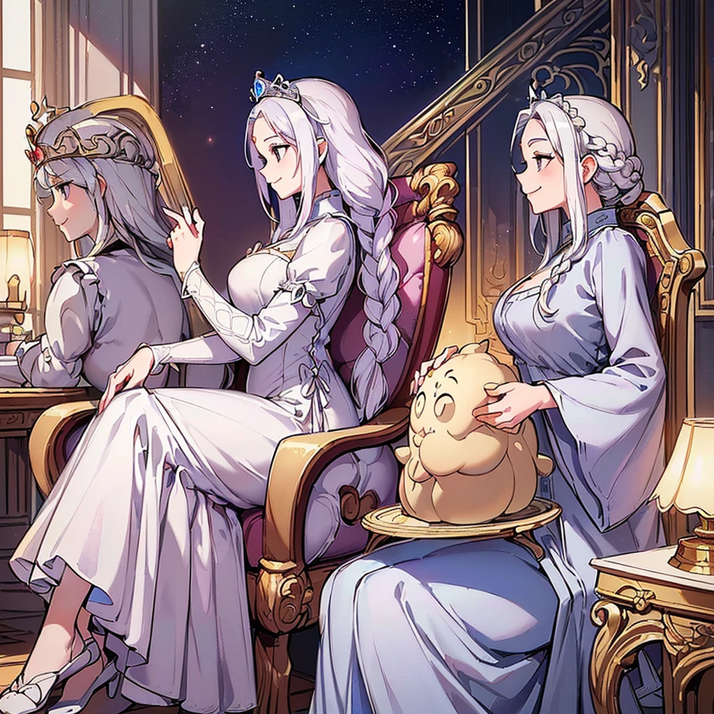 (((Solo)))、Highest quality, Best Quality、middle ages、(((白いGorgeous dresature Woman、Mother、40 years old)、(White Hair、Middle Reason、Does not touch the forehead、Dumpling、Braid)、(smile)、(princess、Queen of the West)、(Gorgeous dress)、tiara、(From the side、profile)、(Sit in a luxurious castle chair)