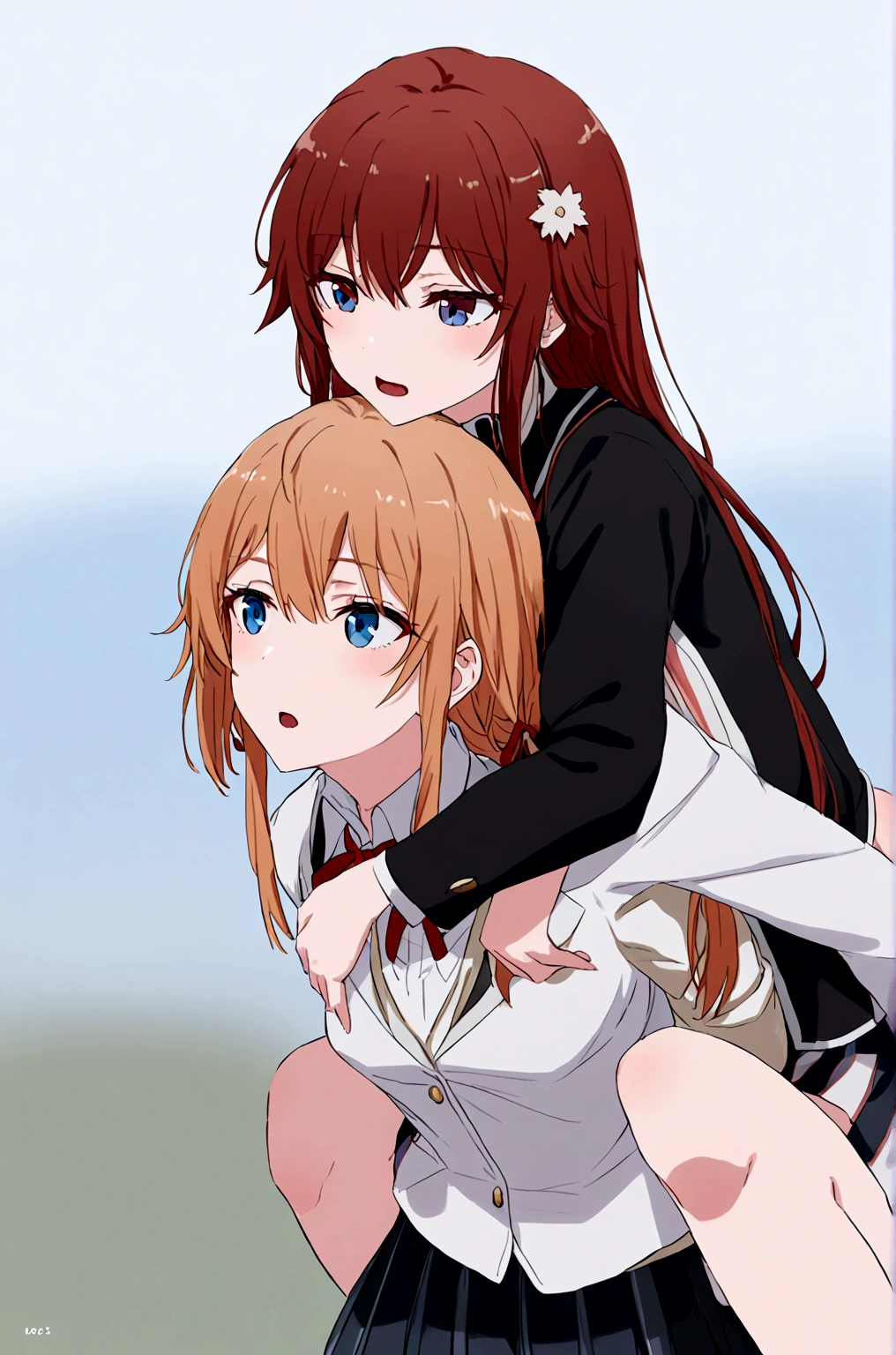 2 grils mother Yuigahama  giving yukino yukinoshita piggyback ride, Blue eyes black long hair piggyback ride, 