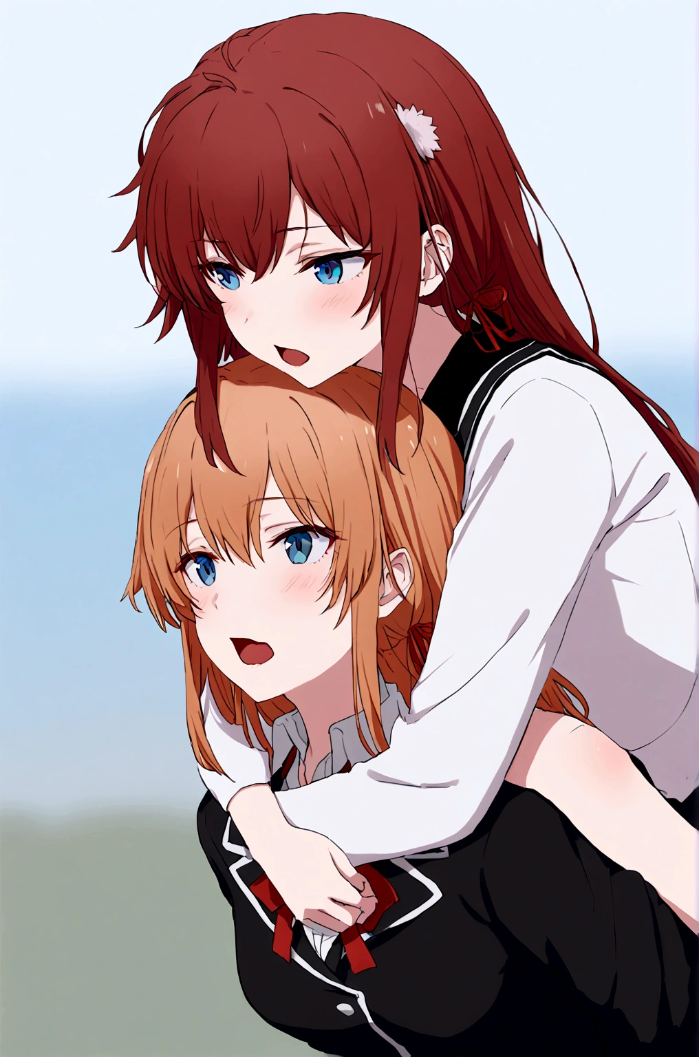 2 grils mother Yuigahama  giving yukino yukinoshita piggyback ride, Blue eyes black long hair piggyback ride, 