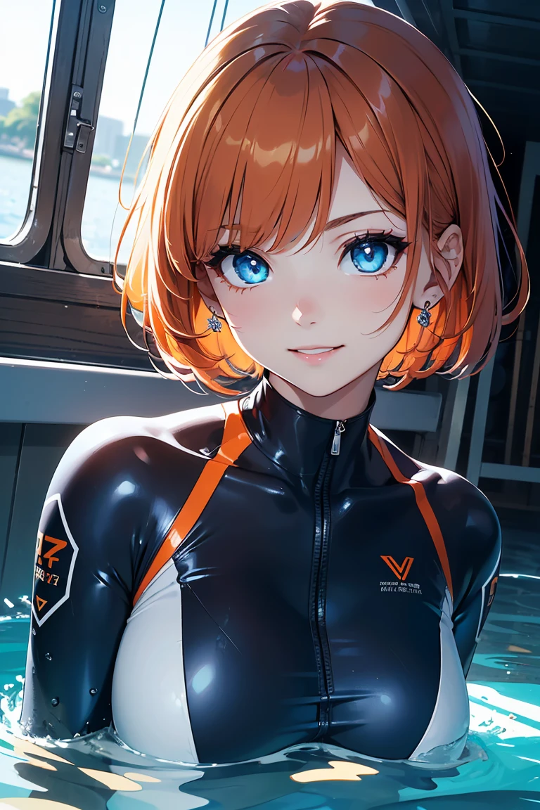 ((1 Girl)), Latest Fashion Trends, Bright smile, Lively expressions, Less exposure, Diver suit, On the boat ,((Very detailed,Highest quality, High resolution, 8k wallpaper, Beautiful clothes,)),(Orange Hair, Pixie Cut, boyish,Bouncy hair, ((Asymmetrical bangs)) ,(Bright Blue Eyes),eye shadow, eyeliner,Glowing Eyes, Very detailedな目, Complex eyes, Beautiful Eyes, 輝くBright Blue Eyes、