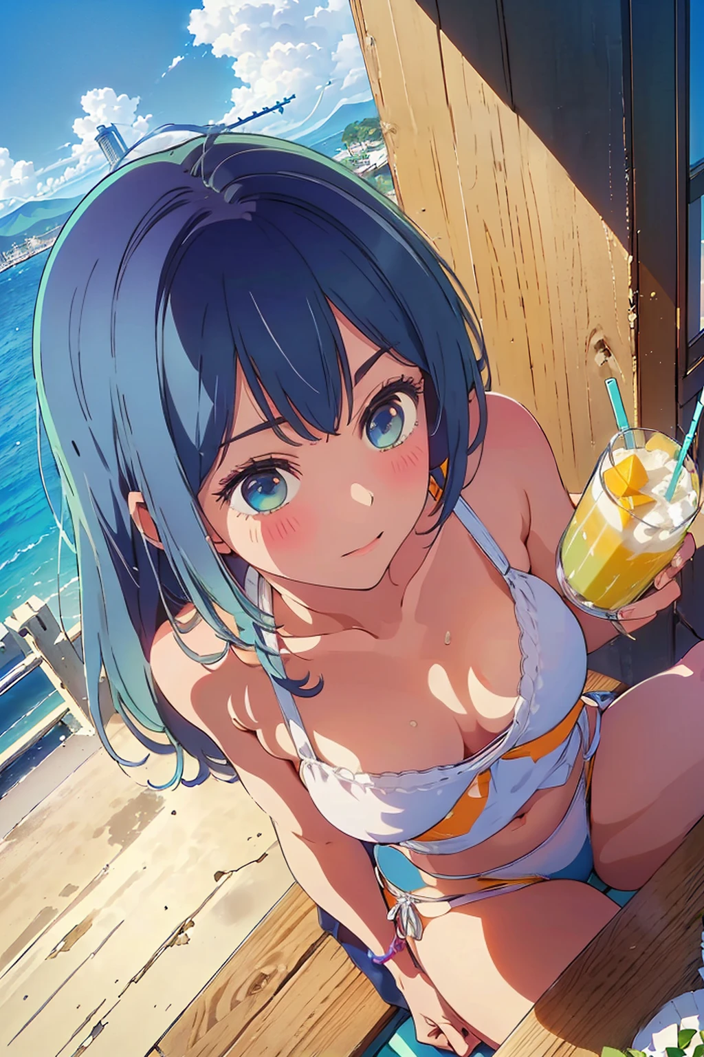 Highest quality,8k,detailed,F cup bust、、Slim and beautiful arms、Slim body、Very white beautiful skin、((((1 person、smile、Swimwear、She is wearing a white side-string high-leg bikini、smile、sit、In the background are the urban buildings of Tokyo、Outdoor café terrace、Drink juice、Cheek resting on hand、coastal、table、looking at the camera、Looking up、Shooting from a distance、Shot from above、Very blue sky、A completely cloudless sky、Navy hair color、Very cute face))))、Sexy pose、Stilted her head slightly、The atmosphere is bright and lively、The woman is at the center of the image。