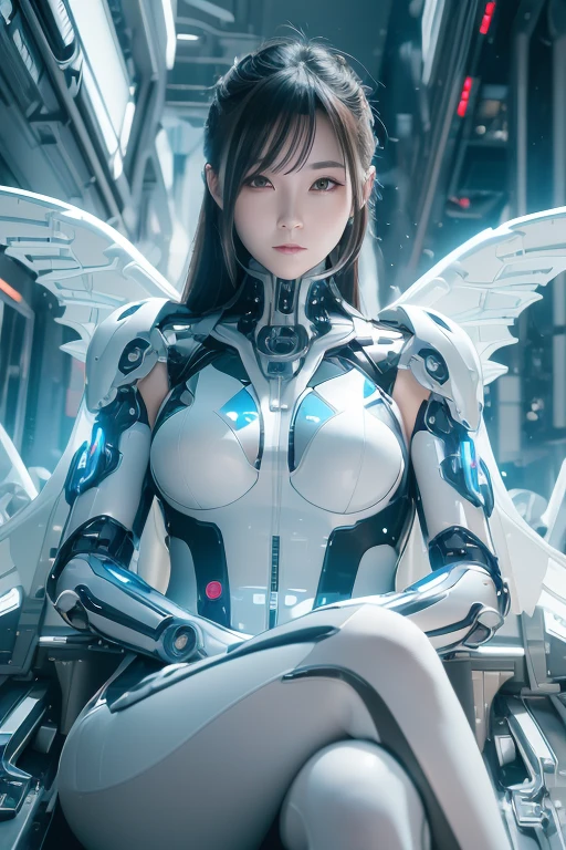 Woman in a futuristic suit standing in a futuristic city, Girl wearing mecha cyber armor, (Mechanized Valkyrie Girl), (Beautiful cyborg angel girl), Cyberpunk Girl Mecha, Unreal Engine Rendering + goddess, Cyberpunk Girl, Beautiful Caucasian girl cyborg、Medium chest、smile、(lying crossed legs)