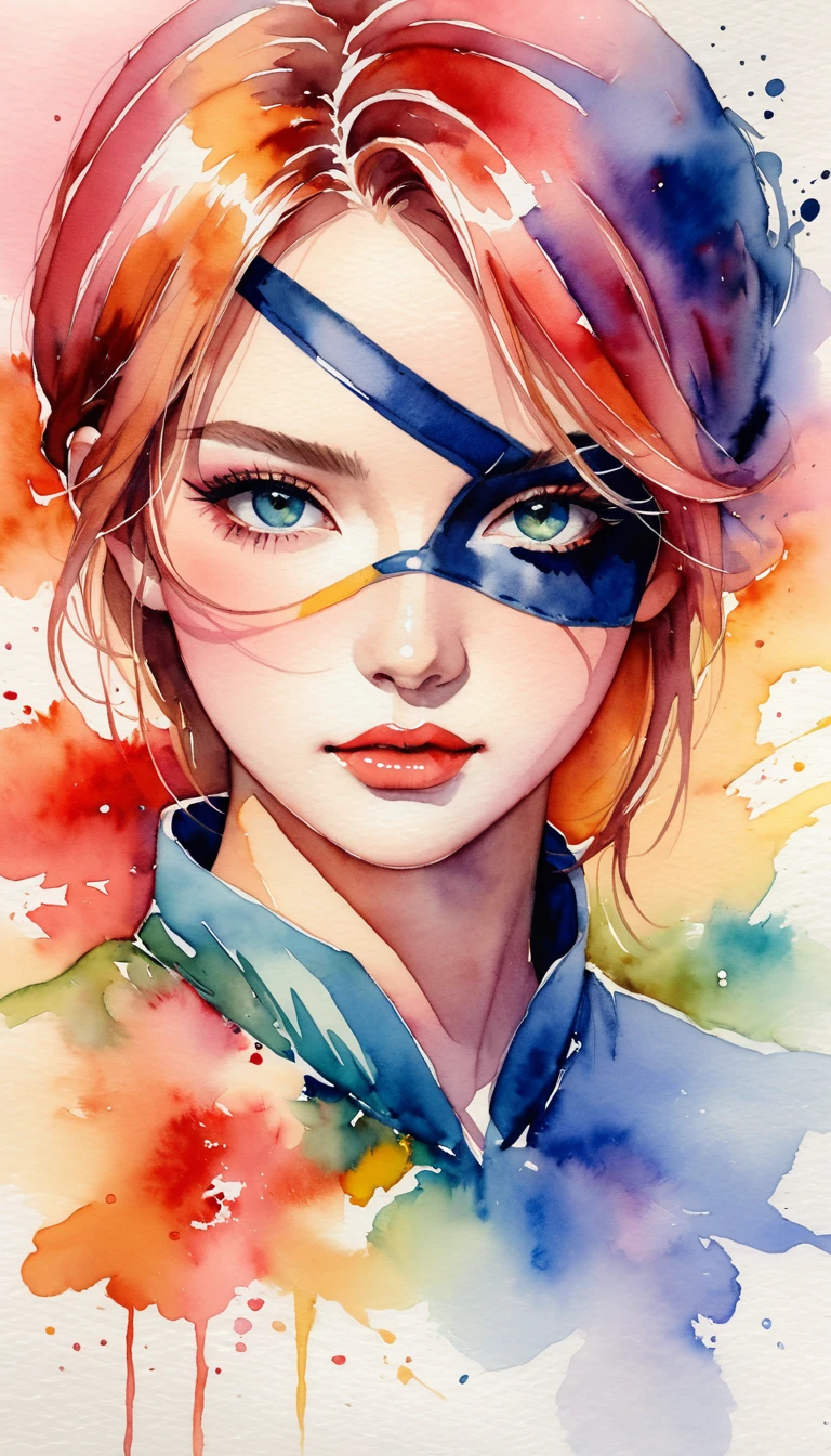 beautiful face with eye patch, watercolor painting, soft brush, fantasy art, abstract