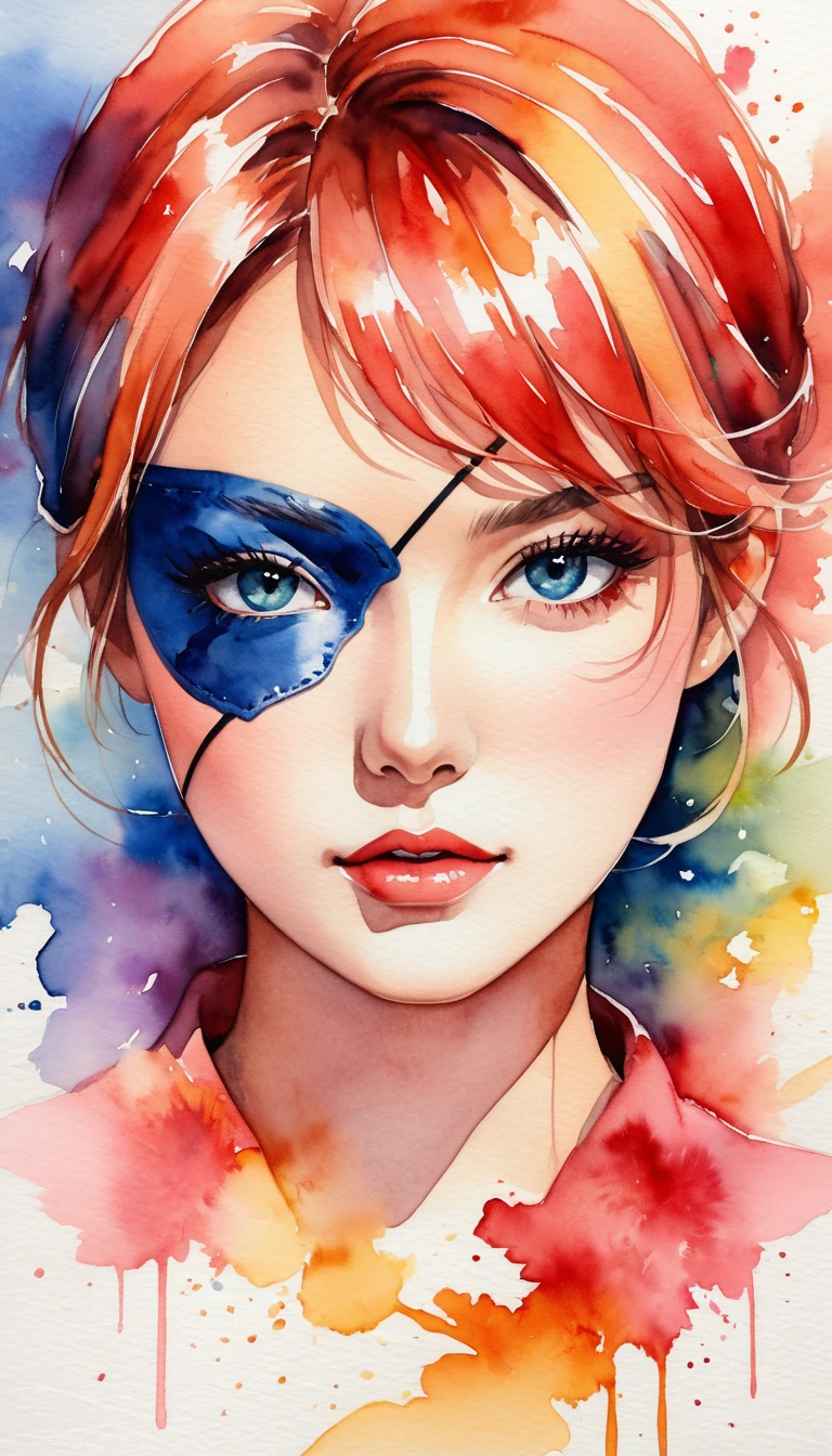 beautiful face with eye patch, watercolor painting, soft brush, fantasy art, abstract