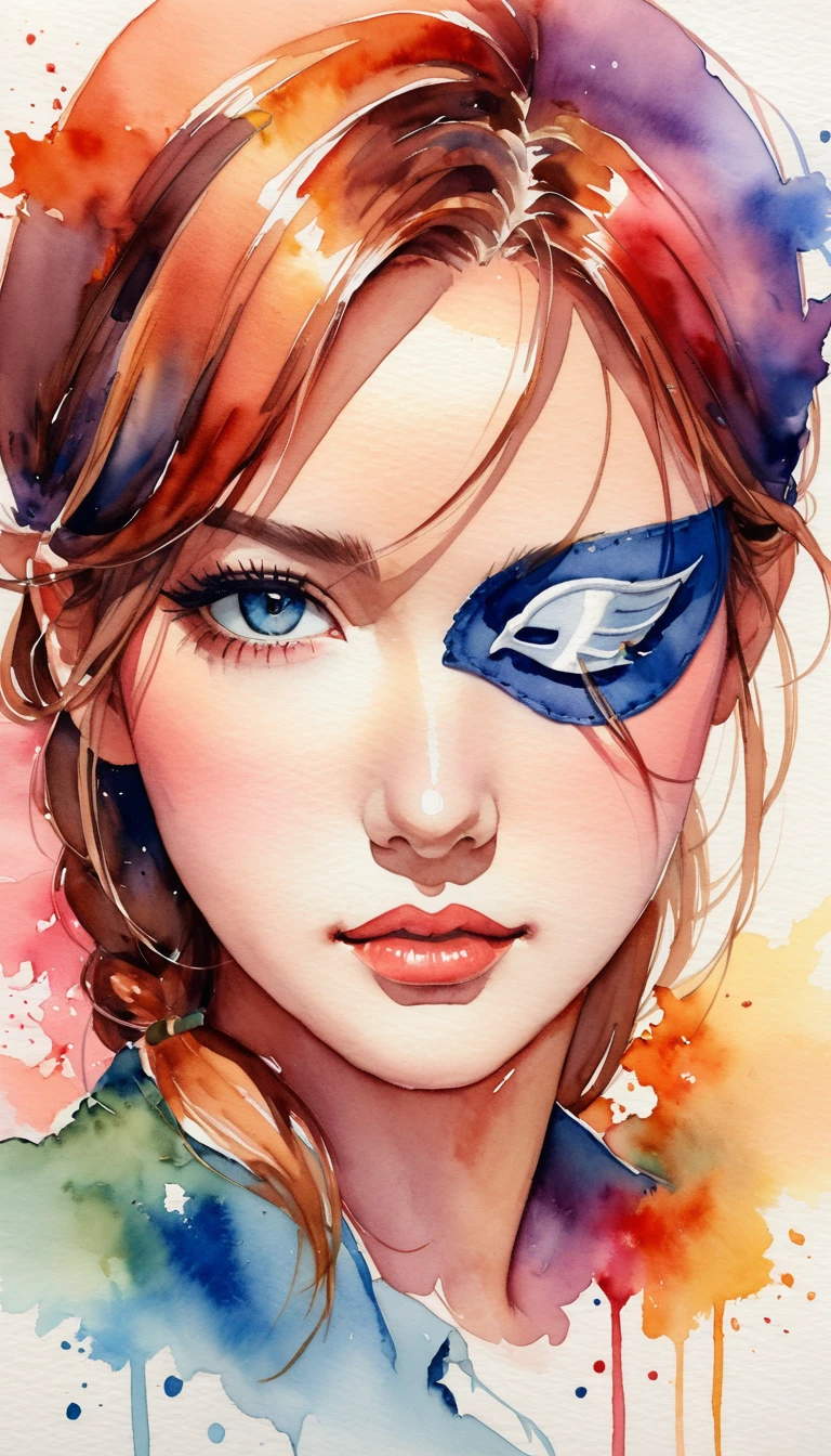 beautiful face with eye patch, watercolor painting, soft brush, fantasy art, abstract