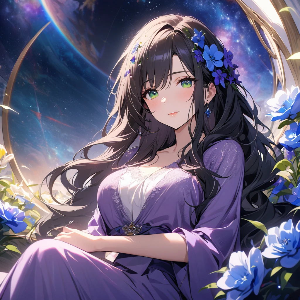 girl, beautifull, pretty, long hair, mature woman, beautiful purple dress, black hair, green eyes, super detail, blue flower on hair, gorgeous, universe backround, angel, beautiful eye, flowers, relaxing face