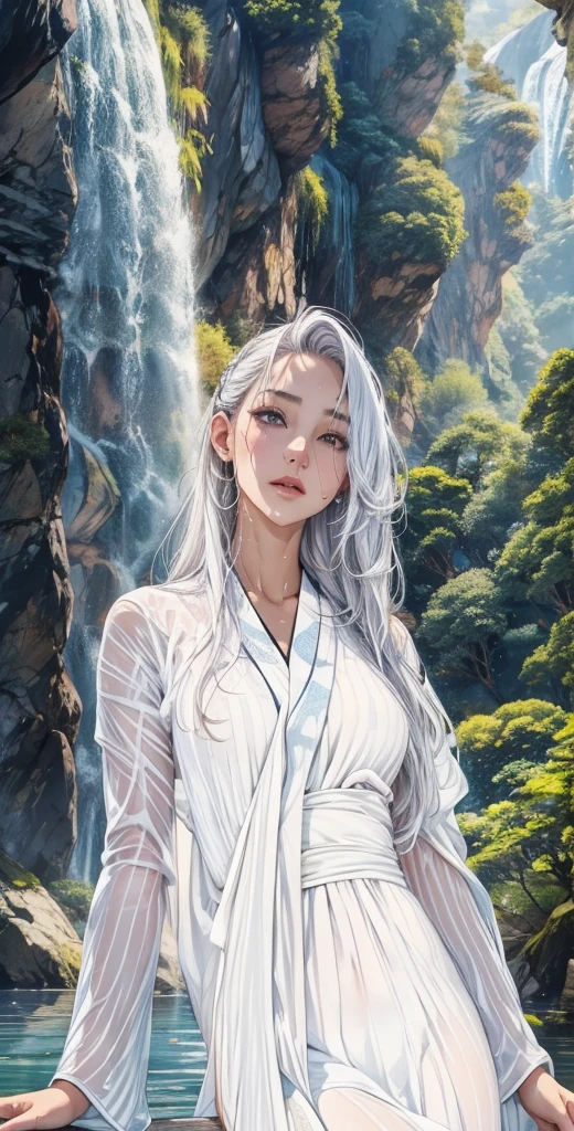 waterfall、Her white kimono is wet and transparent、waterfall修行、cute、40 year old Japanese woman、Silver Hair、長い髪のSilver Hair、My hair is wet too、waterfallに打たれて濡れている、The lines of your body are visible when wet、The kimono is a plain white one.、The kimono is all white、The kimono has no pattern.、The clothes get wet and stick to the body.、White robes、All-white kimono、pure white kimono、Her kimono is wet and her skin is visible through it.、The white kimono I touched、White plain kimono、White robes、The whole body is wet with water