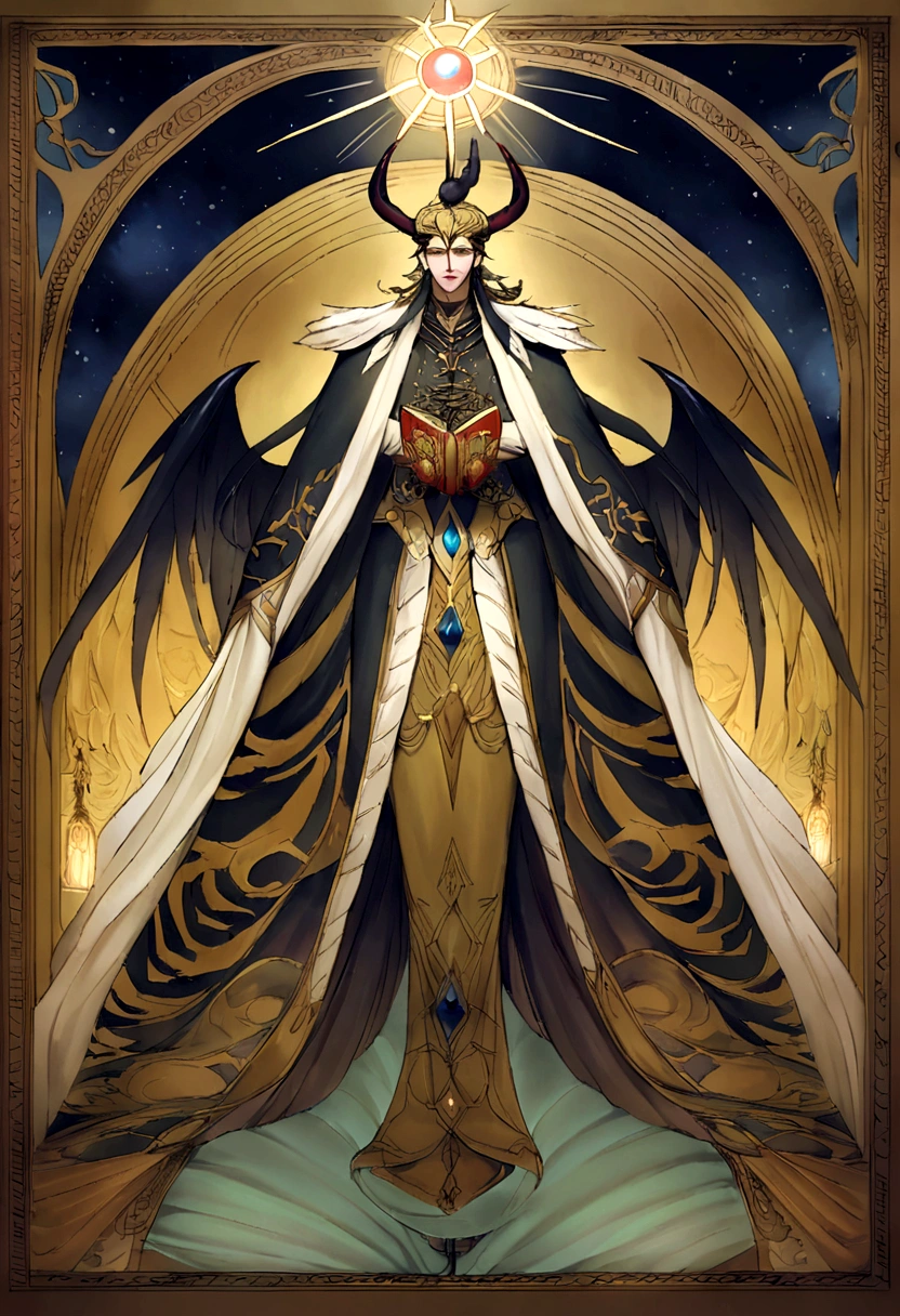 Create a detailed illustration of a male male magician celestial demon. This entity must have two large black wings that combine bright plumes with a dark and threatening appearance.. The figure should have horns on its head and a shiny golden halo behind it., symbolizing his celestial and demonic duality. Vista-o com vestes escuras e majestosas, com detalhes dourados. He must hold an ancient and magical book open, que emite uma luz dourada, sugerindo seu papel como mago. The facial expression should be serene and intimidating, com olhos laranjas brilhantes que transmitem sabedoria e poder. O fundo deve ser escuro e nebuloso, creating a mystical and supernatural atmosphere. Art must have an epic and mystical style, com uma atmosfera de beleza perturbadora e poder arcano, ele deve estar sentado em uma cadeira de rodas."