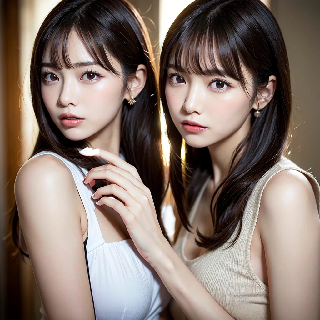1 female, close up of face, Medium chest, light brown hair, dull bangs, hair behind the ear, shoulder hair, long hair, slender body shape, Extra-fine face, thin face, delicate lips, beautiful eyes, light blush, eyes are light brown, perfect shiny skin, perfect skin, Shining sweat,take a look here, ultra thin hands, extra thin fingers, Optimal ratio of 4 fingers and 1 thumb, (realistic:1.3), finger extension, see-through white blouse, The rotor is inside the vagina, ecstasy face, climax expression, View viewer, ((I can not stand it:1.5)), fujifilm, f/1.2, 8K, table top, nffsw, Super detailed, high quality, 最high quality, High resolution,