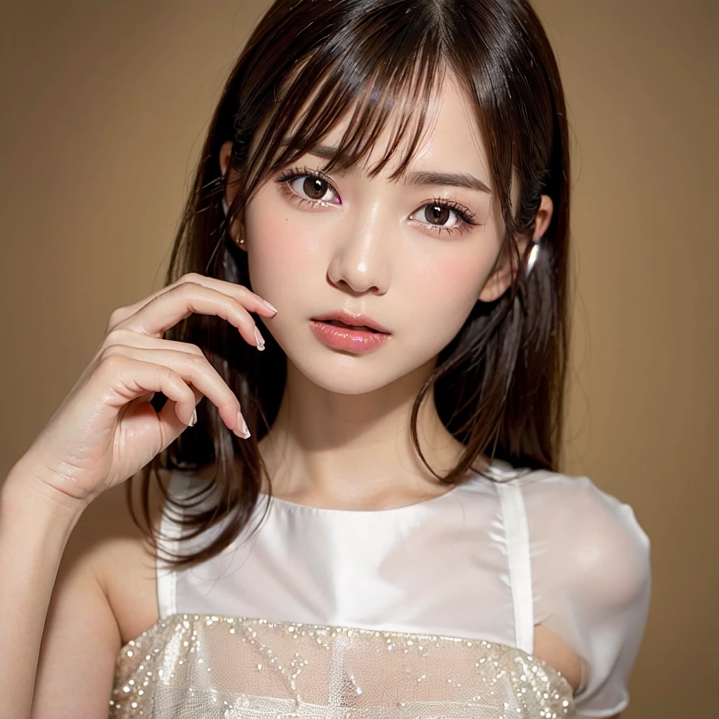 1 female, close up of face, Medium chest, light brown hair, dull bangs, hair behind the ear, shoulder hair, long hair, slender body shape, Extra-fine face, thin face, delicate lips, beautiful eyes, light blush, eyes are light brown, perfect shiny skin, perfect skin, Shining sweat,take a look here, ultra thin hands, extra thin fingers, Optimal ratio of 4 fingers and 1 thumb, (realistic:1.3), finger extension, see-through white blouse, The rotor is inside the vagina, ecstasy face, climax expression, View viewer, ((I can not stand it:1.5)), fujifilm, f/1.2, 8K, table top, nffsw, Super detailed, high quality, 最high quality, High resolution,