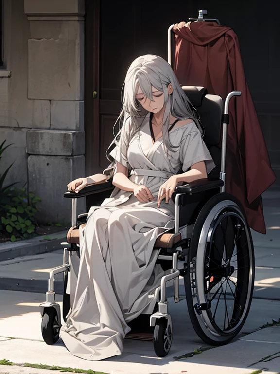 (Confused, High resolution, Very detailed), 1 female, Silver Hair,Long Hair,,White patient gown,,Appearance of injury,24th generation,beauty,mature,thin,quiet,Calm,Sitting in a medical wheelchair,Bandage on right arm,hospital,Injured,bandage,tired,fatigue,fatigue,Infusion,Sleeping with the back of the head resting on the backrest of the wheelchair,Sleeping,Sitting