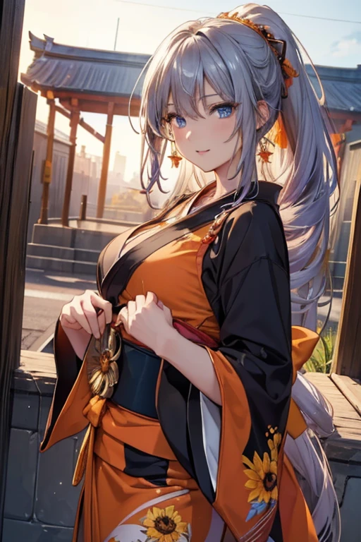 #Basics A girl is posing for a photo, animeのかわいい女の子, (((One Girl, Baby Face, 16 years old))),
BREAK
#Clothing Accessories
((Orange and black)Yukata : Sunflower pattern + Blue band + Long sleeve + Wide sleeves, geta),
(big silver necklace, Silver earrings, Hair clip),
BREAK
#Features
(Purple Hair:1.4, Chest-length sideburns:1.4 + Curly hair:1.4, Big ponytail : Hair blowing in the wind + Very long hair + Curly hairで横に広がるボリュームのある髪 + Outwardly curled hair),
(Droopy eyes,blue eyes), (Small breasts),
BREAK
#expression
(smile),
#background environment
((noon, Sunshine + shrine + Rural landscape)),
#composition
(Face the viewer:1.4, Aggressive Pose:1.4, Cowboy Shot:1.4),
BREAK
#Body parts elements
(Beautiful Hair,Shiny Hair),
(double eyelid, Long eyelashes),
(Expression of fine eyes, Beautiful and delicate eyes, Sparkling eyes, Eye Reflexes),
(Human Ear),
(Beautiful Nose, Thin Nose),
(Glossy lips, Beautiful Lips, Thick lips), (Symmetrical facial features),
(Detailed skin, Textured skin, Beautiful Skin),
BREAK
#Quality
(((Highest quality)), ((masterpiece)), ((Very detailed))), ((High resolution), (16k,1080p)),
(Realistic), (Anatomically correct),
((comics, anime)), (3DCG), CG illustration,