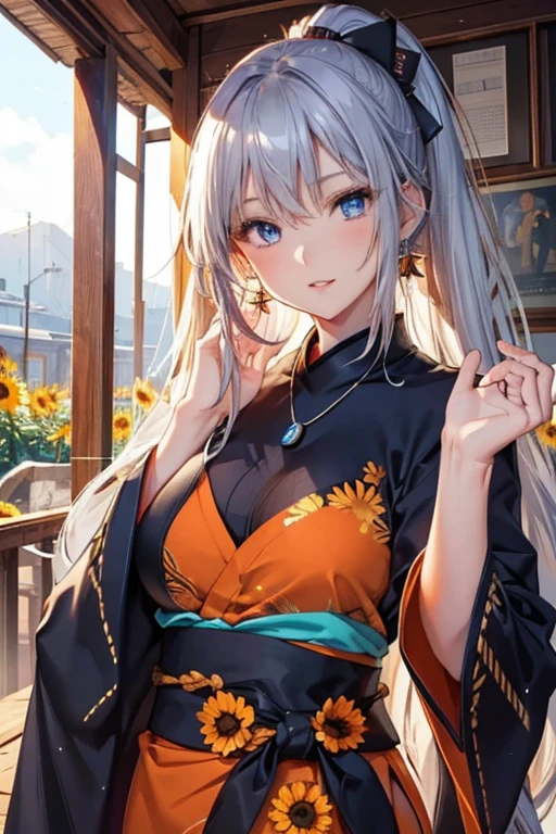 #Basics A girl is posing for a photo, animeのかわいい女の子, (((One Girl, Baby Face, 16 years old))),
BREAK
#Clothing Accessories
((Orange and black)Yukata : Sunflower pattern + Blue band + Long sleeve + Wide sleeves, geta),
(big silver necklace, Silver earrings, Hair clip),
BREAK
#Features
(Purple Hair:1.4, Chest-length sideburns:1.4 + Curly hair:1.4, Big ponytail : Hair blowing in the wind + Very long hair + Curly hairで横に広がるボリュームのある髪 + Outwardly curled hair),
(Droopy eyes,blue eyes), (Small breasts),
BREAK
#expression
(smile),
#background environment
((noon, Sunshine + shrine + Rural landscape)),
#composition
(Face the viewer:1.4, Aggressive Pose:1.4, Cowboy Shot:1.4),
BREAK
#Body parts elements
(Beautiful Hair,Shiny Hair),
(double eyelid, Long eyelashes),
(Expression of fine eyes, Beautiful and delicate eyes, Sparkling eyes, Eye Reflexes),
(Human Ear),
(Beautiful Nose, Thin Nose),
(Glossy lips, Beautiful Lips, Thick lips), (Symmetrical facial features),
(Detailed skin, Textured skin, Beautiful Skin),
BREAK
#Quality
(((Highest quality)), ((masterpiece)), ((Very detailed))), ((High resolution), (16k,1080p)),
(Realistic), (Anatomically correct),
((comics, anime)), (3DCG), CG illustration,