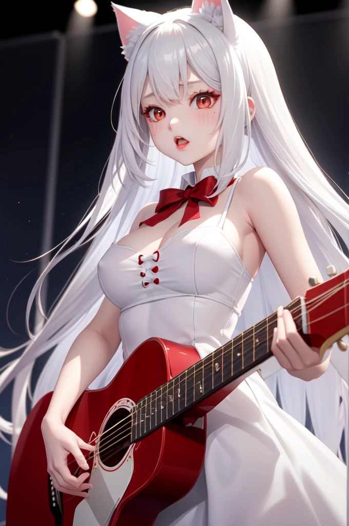 1 girl、Detailed facial details,Cat ear,White long hair,red lips,Slim,Wearing a plain white dress,Large Breasts,With red bow tie,Play the guitar,Sing,跪在stage上迷人的红眼睛,,handcuffs,collar,Radiant Skin,stage,明亮的stage背景,searchlight