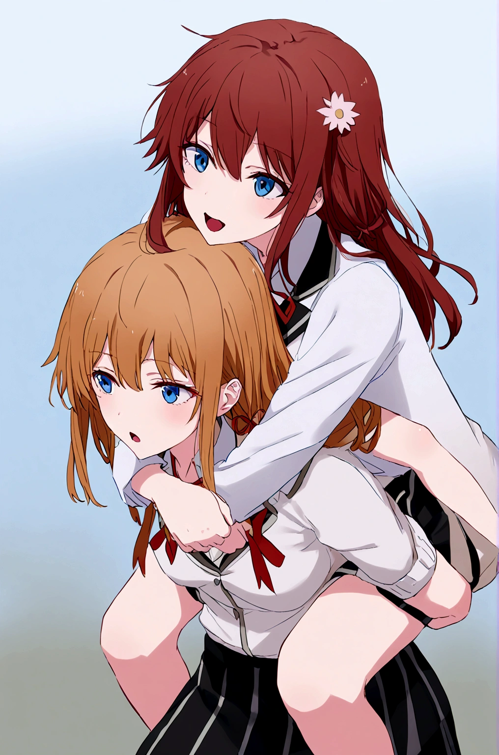 2 grils yukino yukinoshita giving mother Yuigahama   piggyback ride, Blue eyes black long hair piggyback ride, 