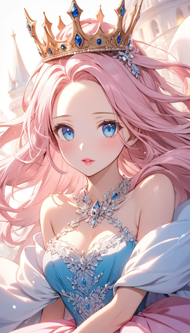woman, light pink long hair without bangs, open forehead, thin pink lips, bright blue eyes.
Lush ball gown, royal crown on head