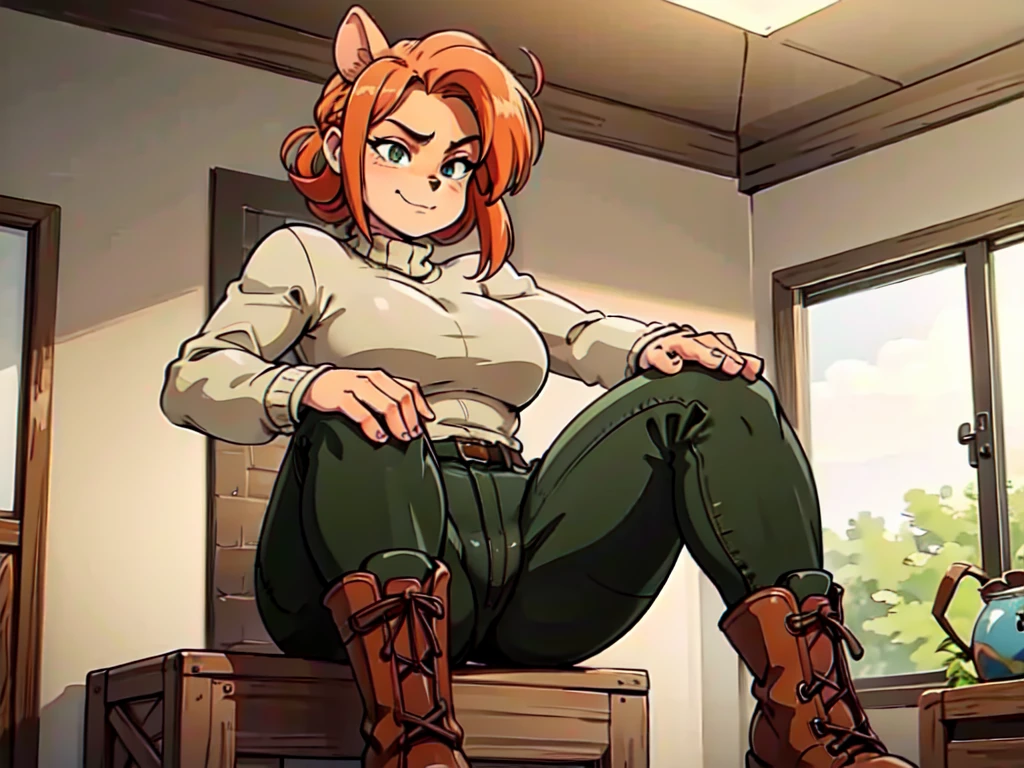 (best quality,4k,8k,highres,masterpiece:1.2),ultra-detailed,realistic:1.37,portrait, sancy anthro bandicoot girl redhead, braided hair, beautiful green eyes, sexy ,seductive, warm sweater, camouflage pants, army boots, smirking, cozy lighting, vibrant colors ,girl anthro , sweater, camouflage pants, army boots, put on army combat boots close-up soles