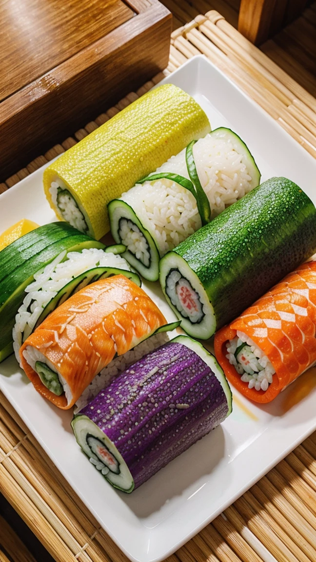 Rainbow colored vegetables and fish、Colorful rice、Bamboo rolling mat、White plate、Beautiful Japanese-style presentation