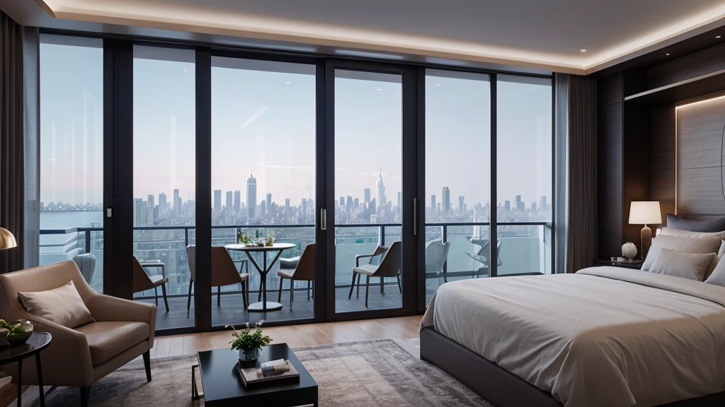 从客厅的大窗户可以看到上海外滩的city View, Digital rendering inspired by Giocondo Albertolli, cg Social Hotspot, The art of math, Luxurious environment, Penthouse, city View, The tall windows light up, sparse field, vray 8k rendering, Luxury Apartment内饰, 8k vray rendering, Luxury Apartment, Night Rendering