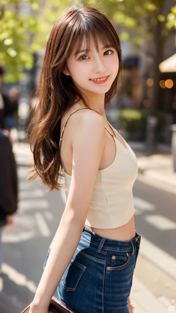 Highest quality、8k wallpaper、Reality:1.4、Cinema Lighting、View your viewers、background:urban office district（Outdoor）、1 beautiful girl、Japanese Idol、30 years old、Beautifully detailed eyes、Detailed face、Beautiful Skin、Slender、Slim waist、Thin legs、Red lipstick、Fancy hairstyle:1.5、The sunlight hits her hair and it shines golden、Profession：secretary、smile:1.2