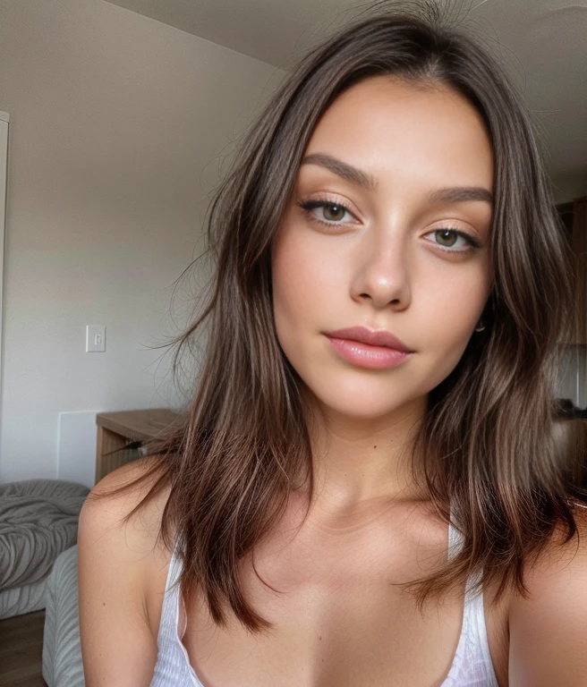 Une belle jeune femme blanche espagnole, dark and straight hair, yeux marron clair, her lips should be full and inviting with a natural pink tint, photo instagram (textured skin, pores de la peau:1.1), (taupes:0.8), Peau imparfaite, visage parfait. photo de tout le corps. Messy Jeans
