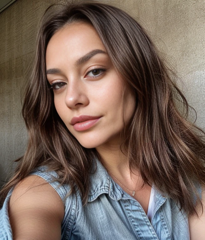 Une belle jeune femme blanche espagnole, dark and straight hair, yeux marron clair, her lips should be full and inviting with a natural pink tint, photo instagram (textured skin, pores de la peau:1.1), (taupes:0.8), Peau imparfaite, visage parfait. photo de tout le corps. Messy Jeans