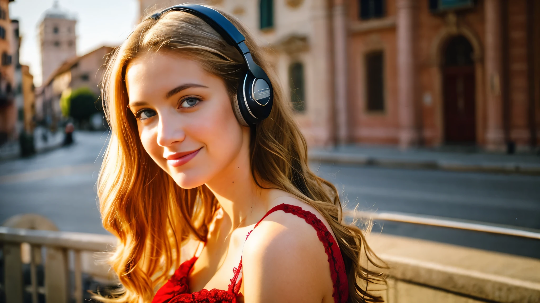 Beautiful blonde with big breasts in a red dress (Beautiful Italian city in the morning sun),Wearing headphones,Very detailed, 21 years old, Innocent face, Naturally Wavy Hair, blue eyes, High resolution, masterpiece, Highest quality, Intricate details, Very detailed, Clear focus, Delicate skin, practical skin texture, texture, Delicate eyes, Professional, 4K, Cute Smile, Shot with Canon, 85mm, Shallow and deep, Kodak Vision Color, Exactly, Very detailed, photograph_\(Extremist\), photographpractical, practical, Post-processing, Maximum details, Roughness, Real Life, Extremist practical, Photorealism, photographgraphy, 8K Ultra HD, photographgraphy