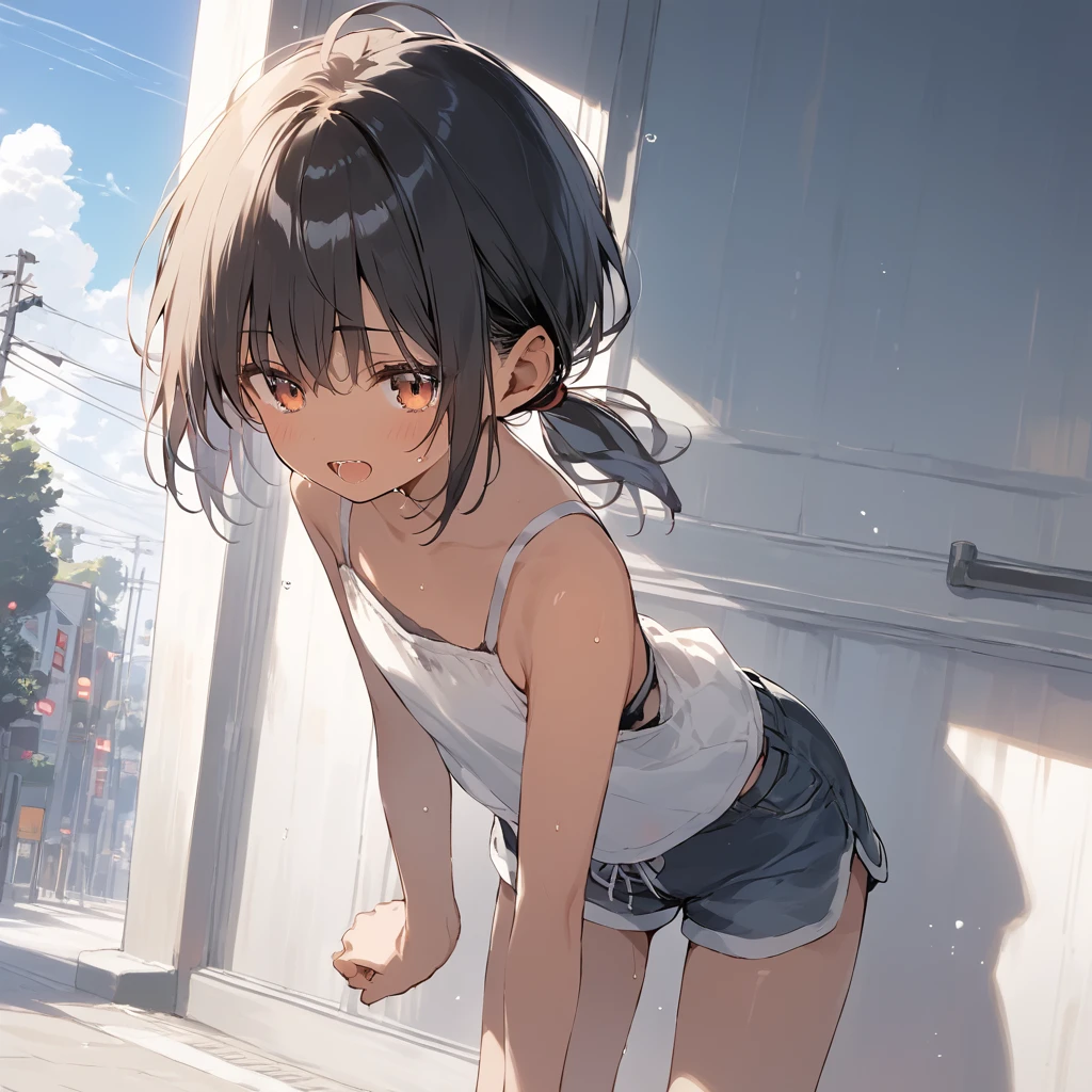 score_9, score_8_up, score_7_up, source_anime, best quality, masterpiece, official art, absurdres, highres, ultra-detailed,waifu2x,Collection: Slice of Life,break,1girl, tomboy, dark-skinned female, short hair, low ponytail, flat chest, beautiful detailed eyes, short shorts, sweat, open mouth, (yawn:0.3), sleepily, outdoors, wind, break,(clear line illustration:1.2),very high resolution, very aesthetic, super detailed skin, Best sexual lighting powered by famous artist, 8k,cute picture,beauty illustration,photoshop_(medium),,(Detailed Lighting),best anime 8k konachan wallpaper, pixiv contest winner,