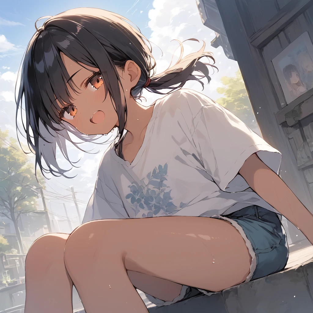 score_9, score_8_up, score_7_up, source_anime, best quality, masterpiece, official art, absurdres, highres, ultra-detailed,waifu2x,Collection: Slice of Life,break,1girl, tomboy, dark-skinned female, short hair, low ponytail, flat chest, beautiful detailed eyes, short shorts, sweat, open mouth, (yawn:0.3), sleepily, outdoors, wind, break,(clear line illustration:1.2),very high resolution, very aesthetic, super detailed skin, Best sexual lighting powered by famous artist, 8k,cute picture,beauty illustration,photoshop_(medium),,(Detailed Lighting),best anime 8k konachan wallpaper, pixiv contest winner,