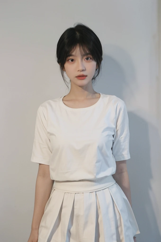 Beautiful woman with perfect figure:1.4,Ultra-high resolution,White background,(lifelike:1.4),Layered Hairstyle,Lipstick,White skin,Super short pleated skirt,whole body,Very delicate face and skin texture,Double eyelids,Skin Whitening,short hair,White hair